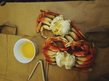 High angle view of breakfast served on table