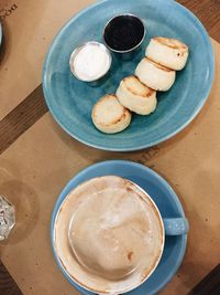 High angle view of breakfast on table