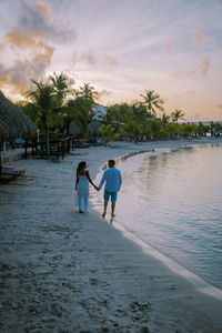 Rear view of couple walking on beach against sky