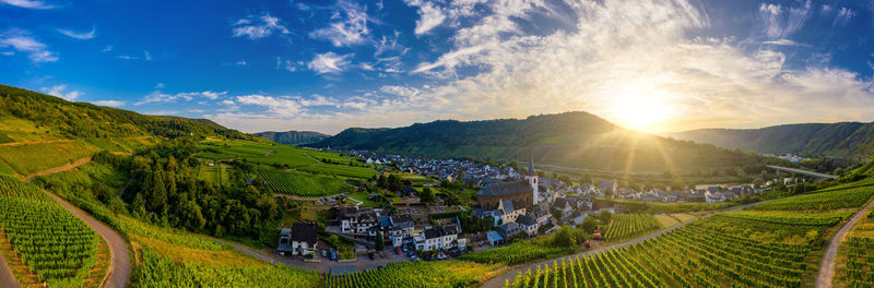 Panoramic view of the municipality of bruttig-fankel and the vineyards on the moselle, germany. 