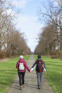 Rear view of friends walking on grass against trees