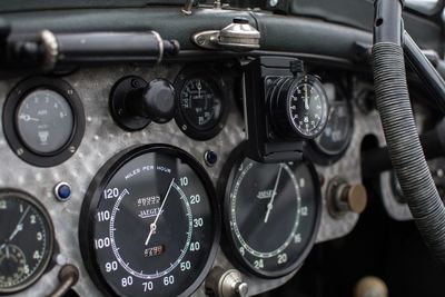 Close-up of speedometer in car