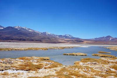 Scenic view of lake and mountains against blue sky