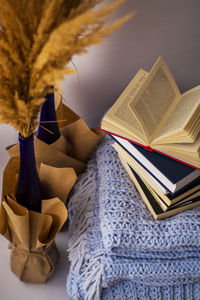 High angle view of open book on table