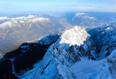 Aerial view of snowcapped mountains against sky