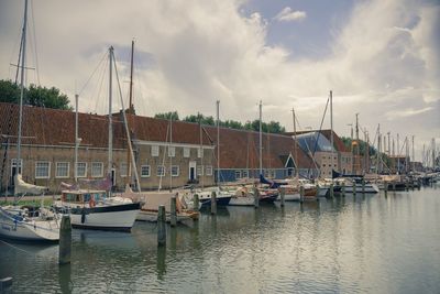 Sailboats moored in harbor