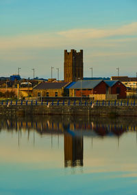 Reflection of buildings in calm water