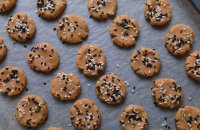 High angle view of cookies on table