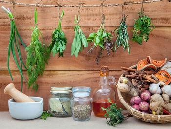 Close-up of various herbs and spices on table