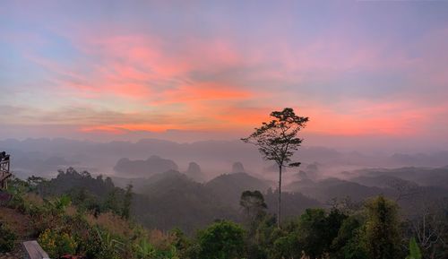 Scenic view of tree mountains against sky during sunset