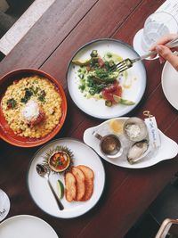 High angle view of food served on table