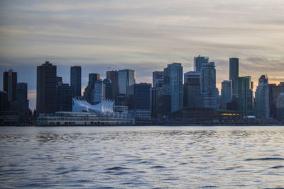 City skyline against cloudy sky