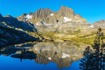 Scenic view of lake and mountains against clear blue sky