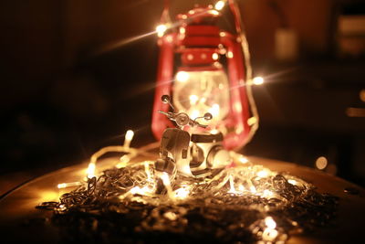Close-up of lit candles on table