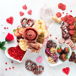 A valentine's day charcuterie spread ready for sharing.