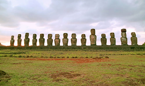 Amazing gigantic 15 moai statues of ahu tongariki at sunrise, easter island, chile