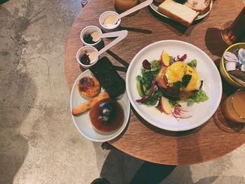 High angle view of breakfast served on table