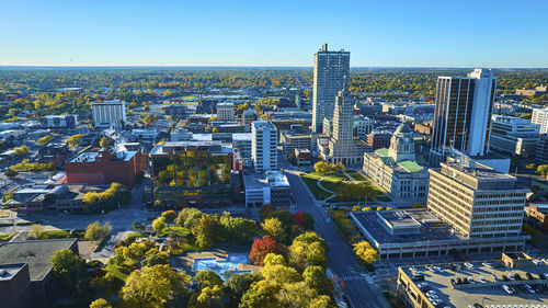 High angle view of cityscape against clear sky