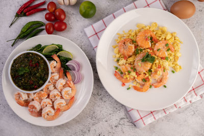 High angle view of meal served on table