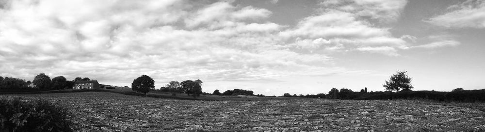 View of fields against cloudy sky