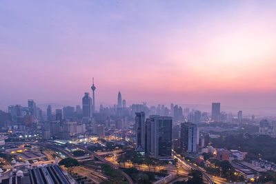 City skyline at sunset