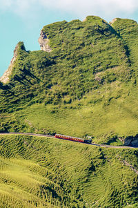 Small cogwheel steam train seen from brienzer rothorn in switzerland.