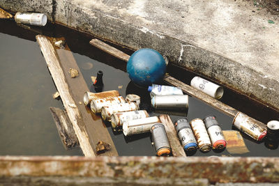 High angle view of garbage floating on water