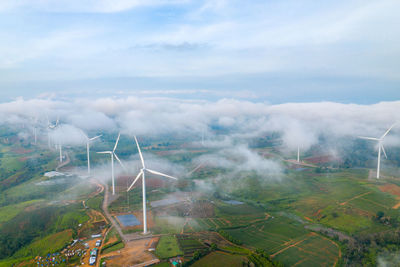 Aerial view of wind farm on field
