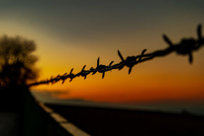 Close-up of silhouette barbed wire against sky during sunset