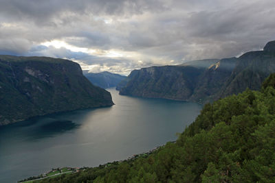 Scenic view of river and mountains against sky