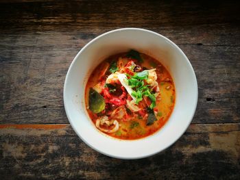 High angle view of soup in bowl on table