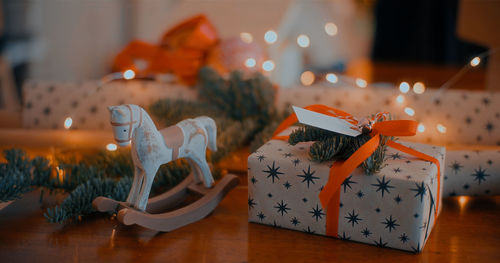 Close-up of christmas decorations on table