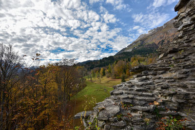 Scenic view of mountains against sky during autumn