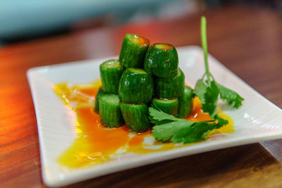 Close-up of salad served in plate on table