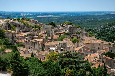 View of the roofs and houses of the village of baux-de-provence, france.