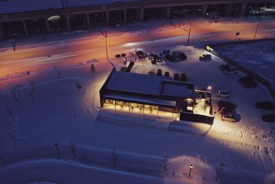 Aerial view of snow covered at night