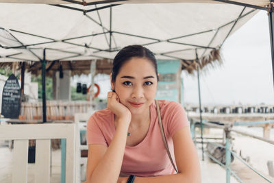 Portrait of woman smiling in the restaurant.