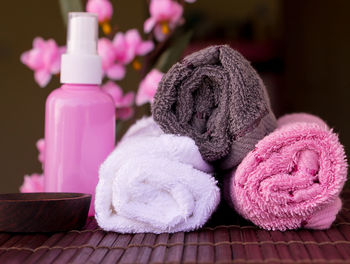 Close-up of spa equipment on table