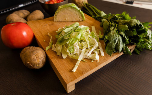 High angle view of food on cutting board