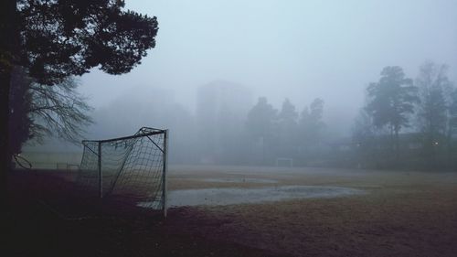 Soccer field by trees in foggy weather