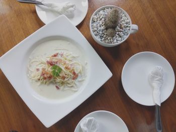 High angle view of food served on table