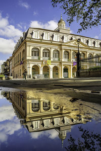 Reflection of building in puddle