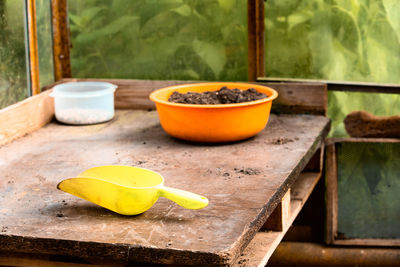 Planting house with gardening tools and utensils having potting soil with seeds in bowl on a table