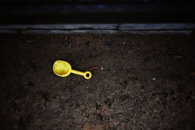 Close-up of yellow toy on sand