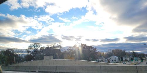 Trees and buildings in city against sky