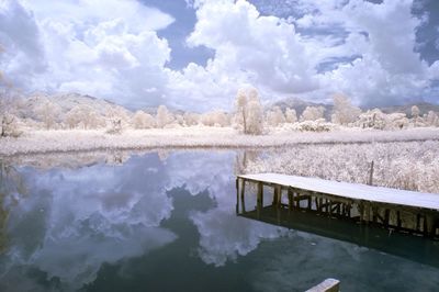 Scenic view of lake against cloudy sky