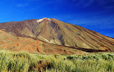 Landscape against rocky mountains and blue sky