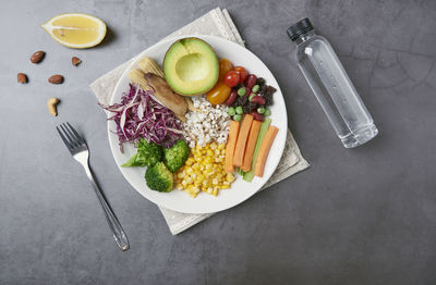 High angle view of meal served on table