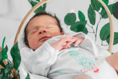 Beautiful newborn baby sleeping in bamboo fiber basket and surrounded by green leaves.