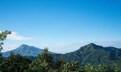 Scenic view of mountains against clear blue sky